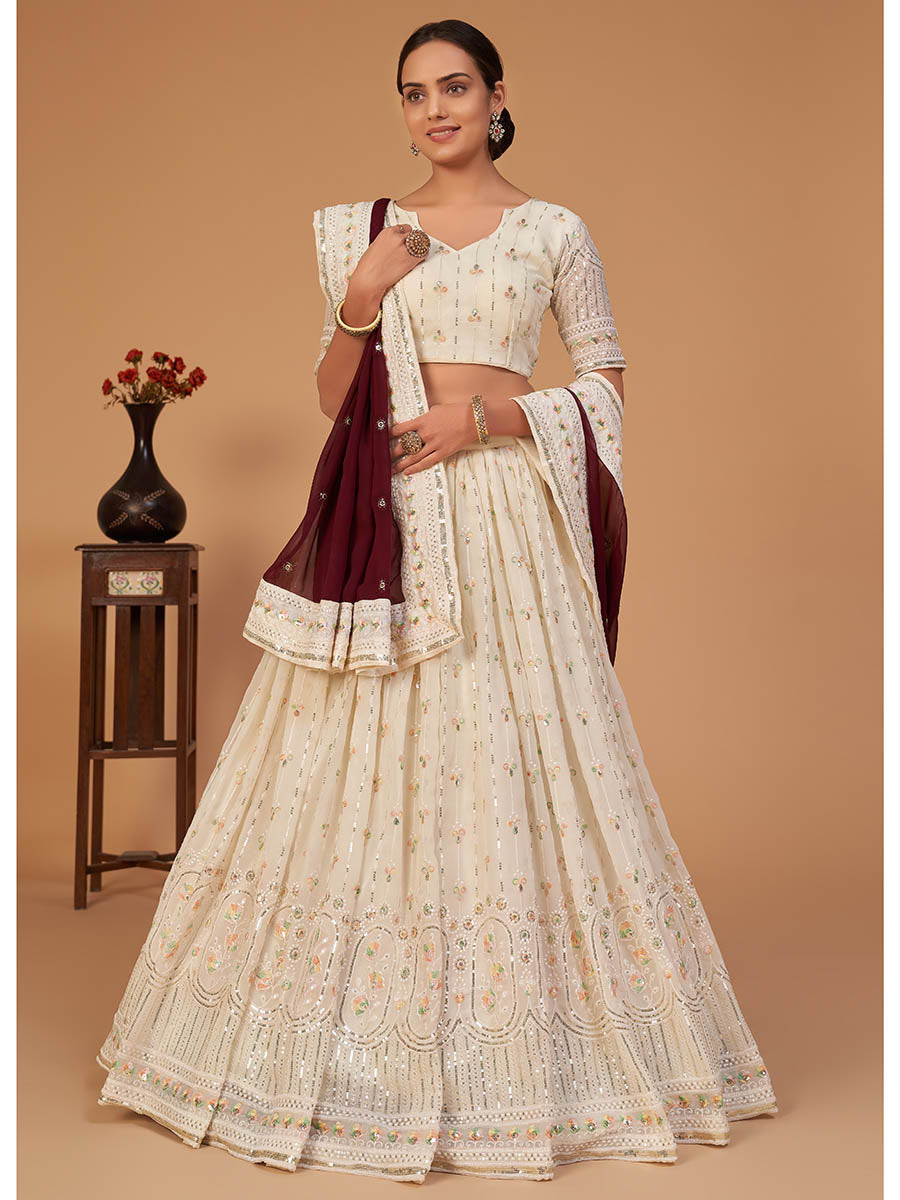 Myra Off White Georgette Embroidered Designer Lehenga | Grocsy