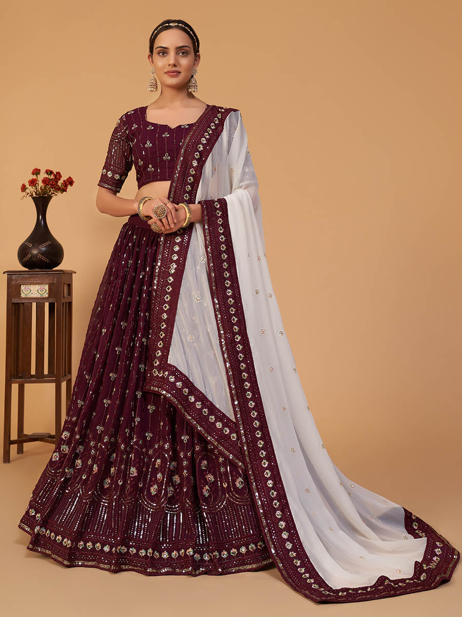 Myra Plum Georgette Embroidered Designer Lehenga | Grocsy