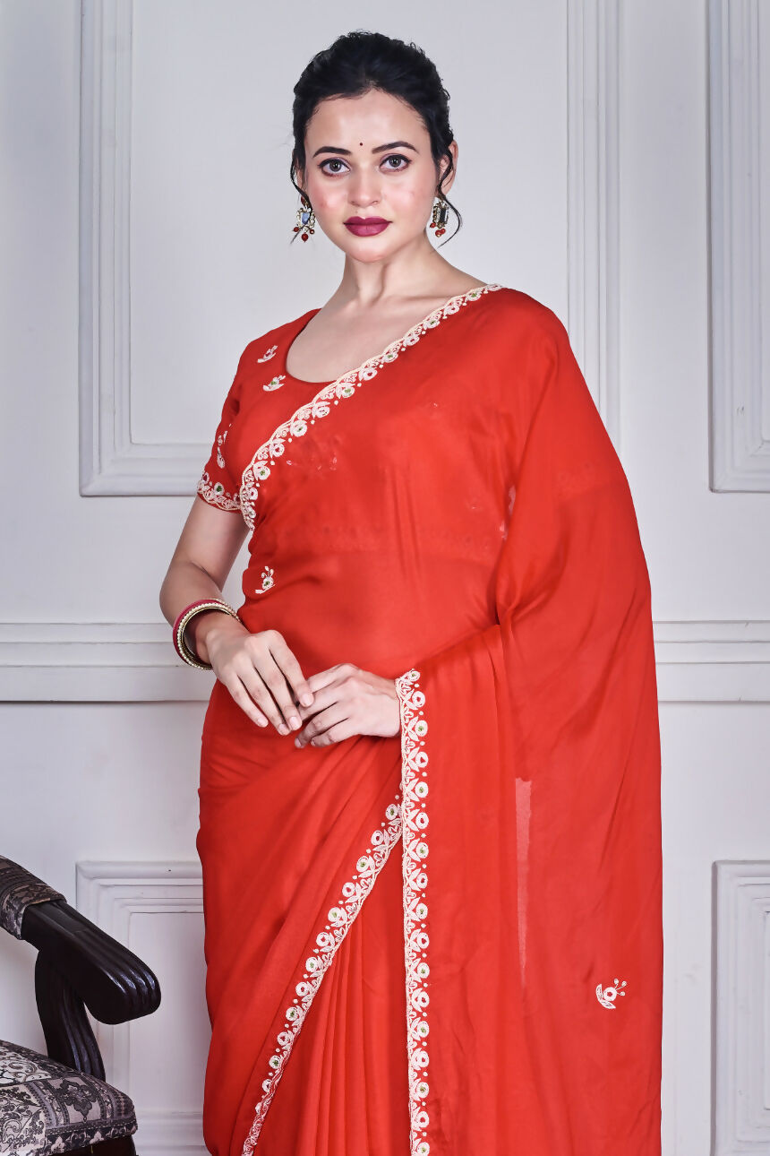 Morchari Red Chiffon Hand Embroidery Saree And Stitched Blouse | Grocsy