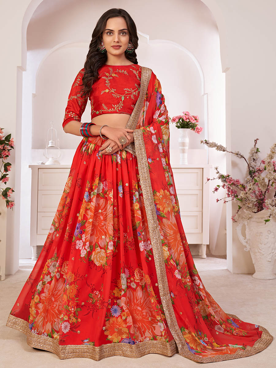 Myra Red Tomato Digital Printed Georgette Lehanga | Grocsy