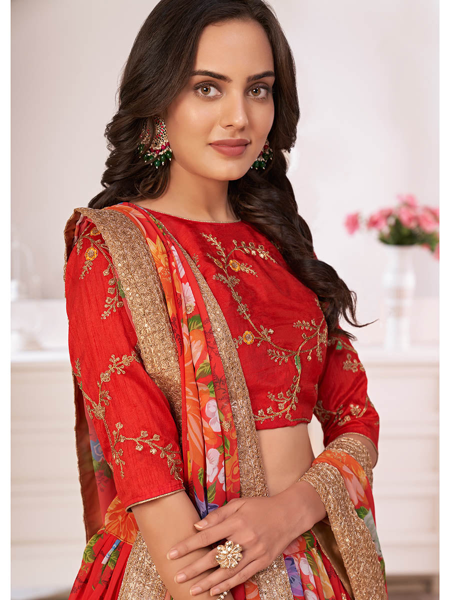 Myra Red Tomato Digital Printed Georgette Lehanga | Grocsy