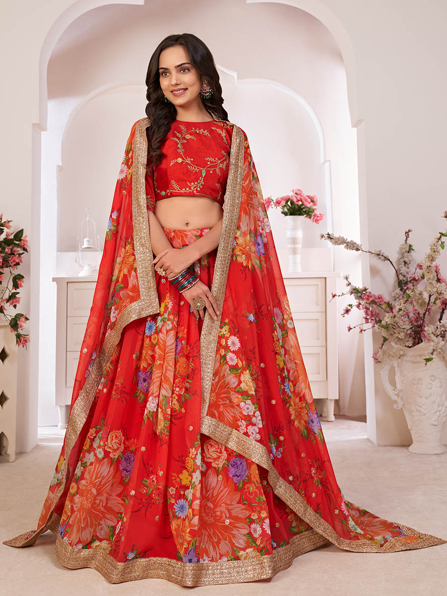 Myra Red Tomato Digital Printed Georgette Lehanga | Grocsy