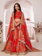 Myra Red Tomato Digital Printed Georgette Lehanga | Grocsy