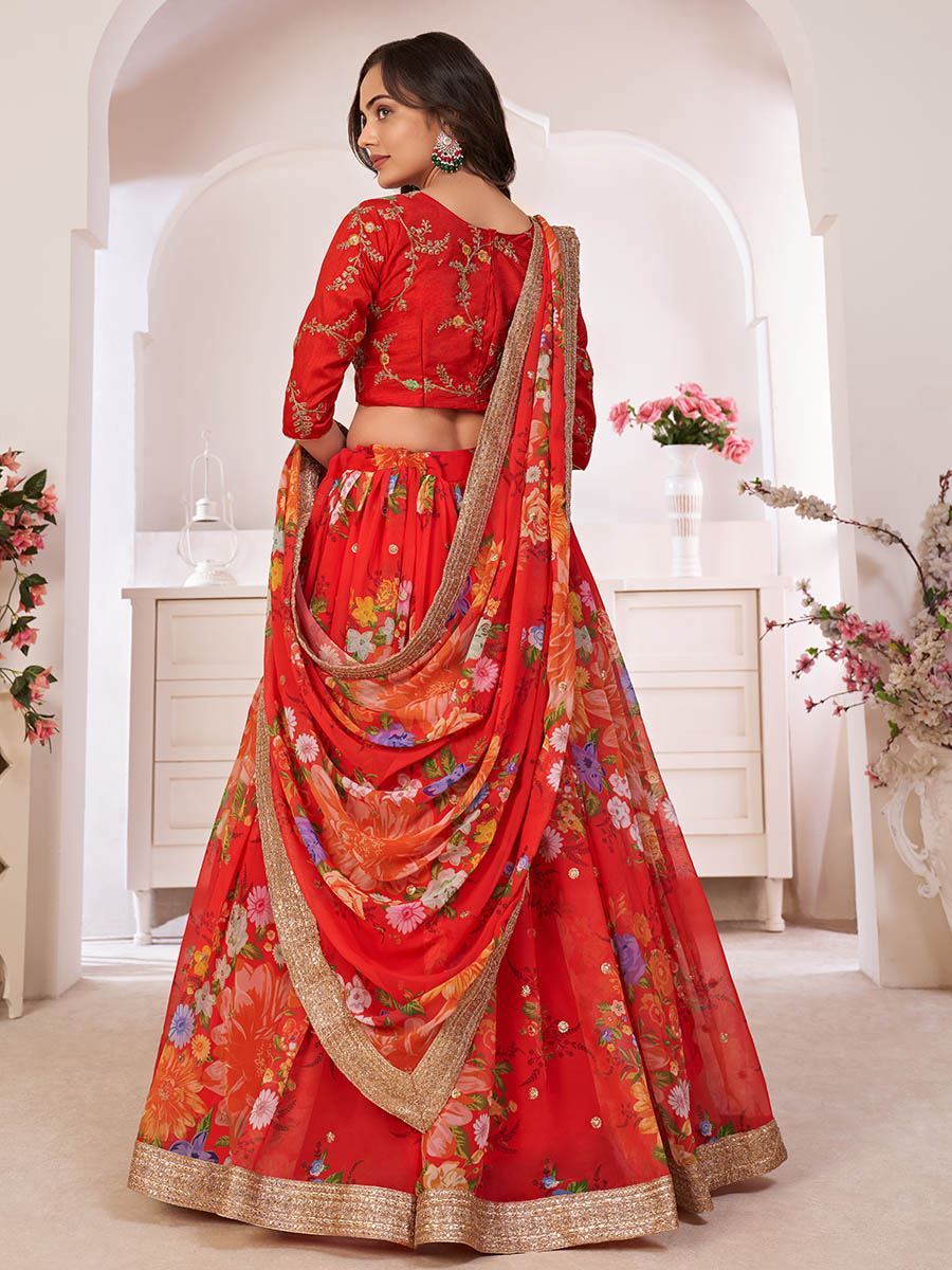 Myra Red Tomato Digital Printed Georgette Lehanga | Grocsy
