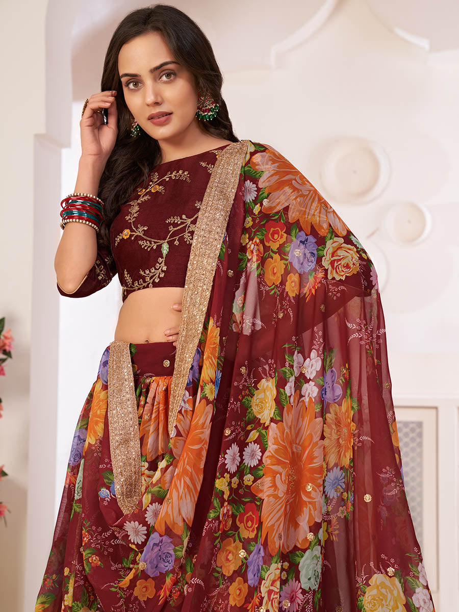 Myra Maroon Digital Printed Georgette Lehanga | Grocsy