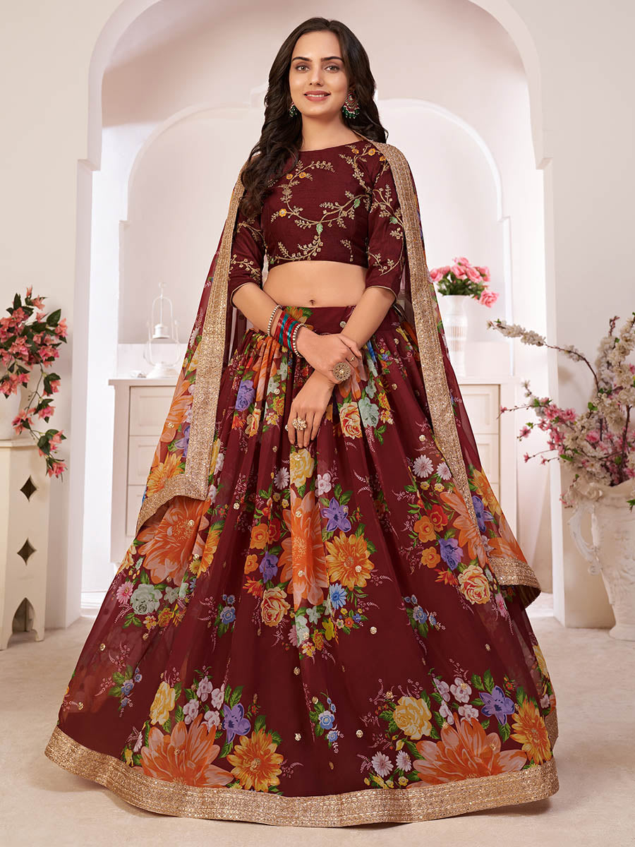 Myra Maroon Digital Printed Georgette Lehanga | Grocsy