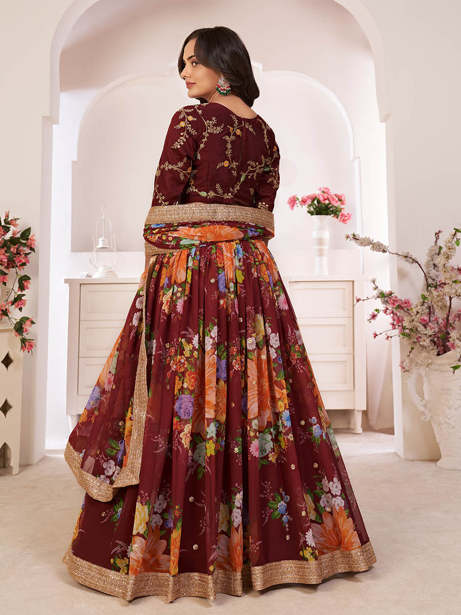 Myra Maroon Digital Printed Georgette Lehanga | Grocsy