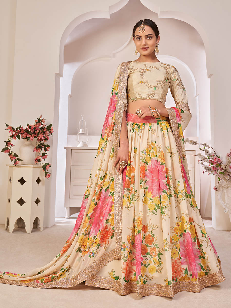 Myra Cream Digital Printed Georgette Lehanga | Grocsy