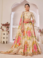 Myra Cream Digital Printed Georgette Lehanga | Grocsy