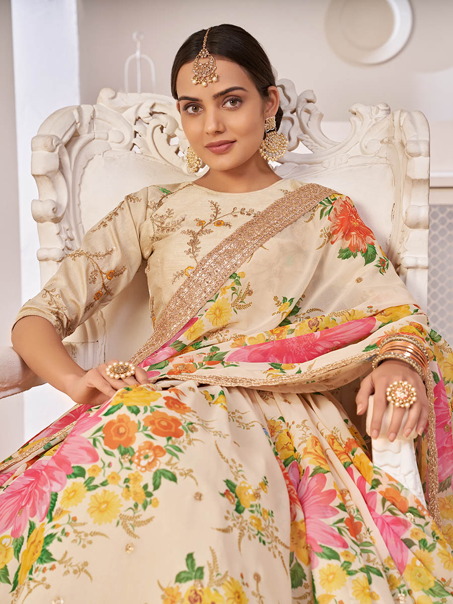 Myra Cream Digital Printed Georgette Lehanga | Grocsy