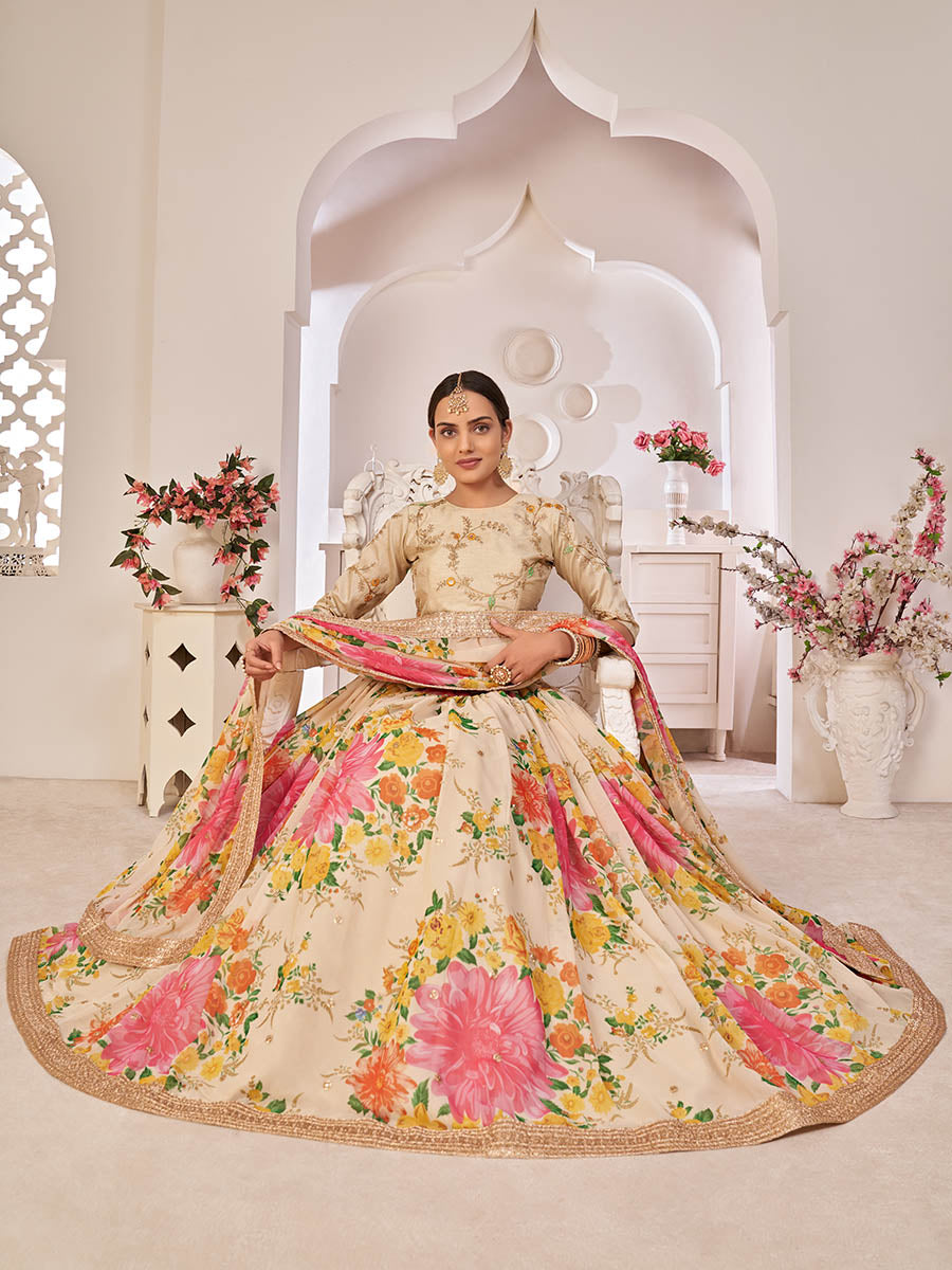 Myra Cream Digital Printed Georgette Lehanga | Grocsy