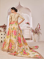 Myra Cream Digital Printed Georgette Lehanga | Grocsy