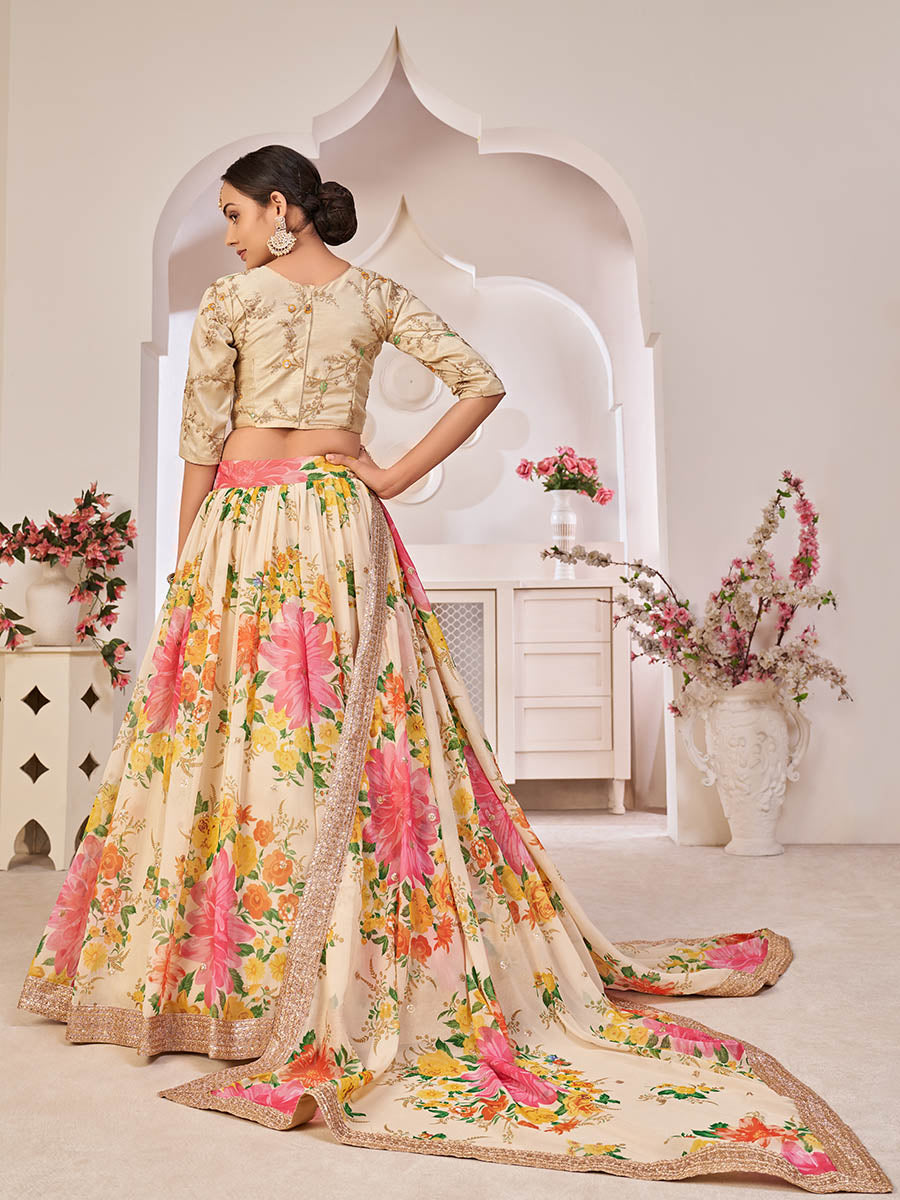 Myra Cream Digital Printed Georgette Lehanga | Grocsy