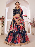 Myra Navy-Blue Digital Printed Georgette Lehanga | Grocsy