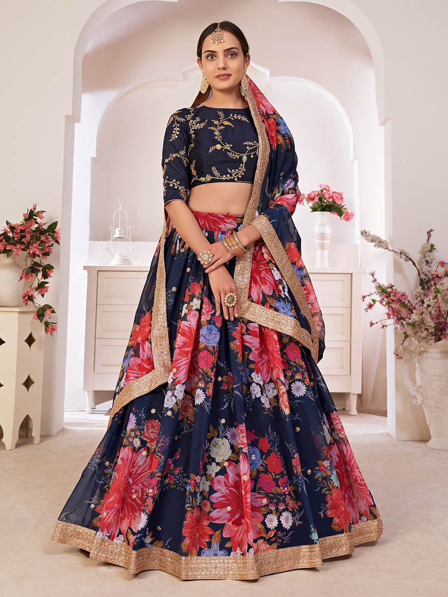 Myra Navy-Blue Digital Printed Georgette Lehanga | Grocsy