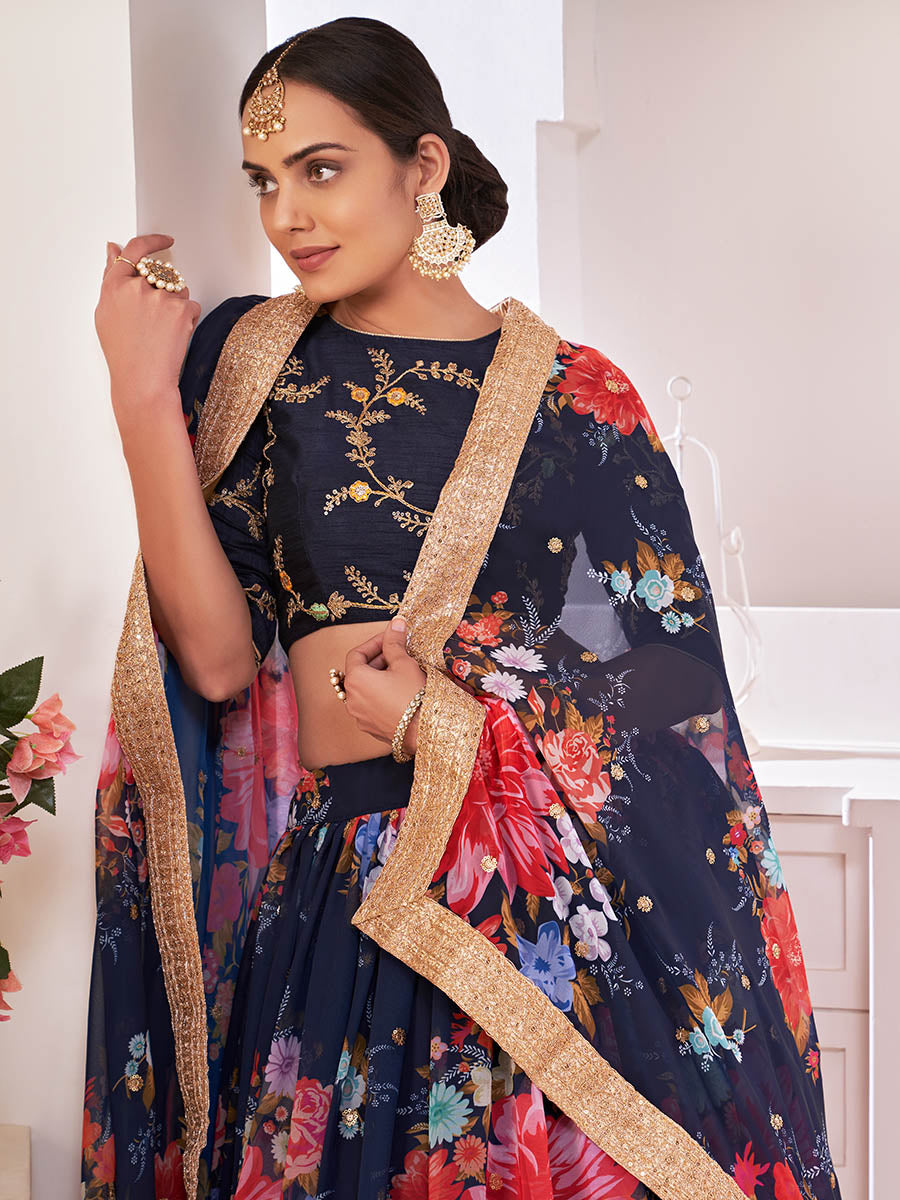 Myra Navy-Blue Digital Printed Georgette Lehanga | Grocsy