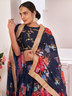 Myra Navy-Blue Digital Printed Georgette Lehanga | Grocsy