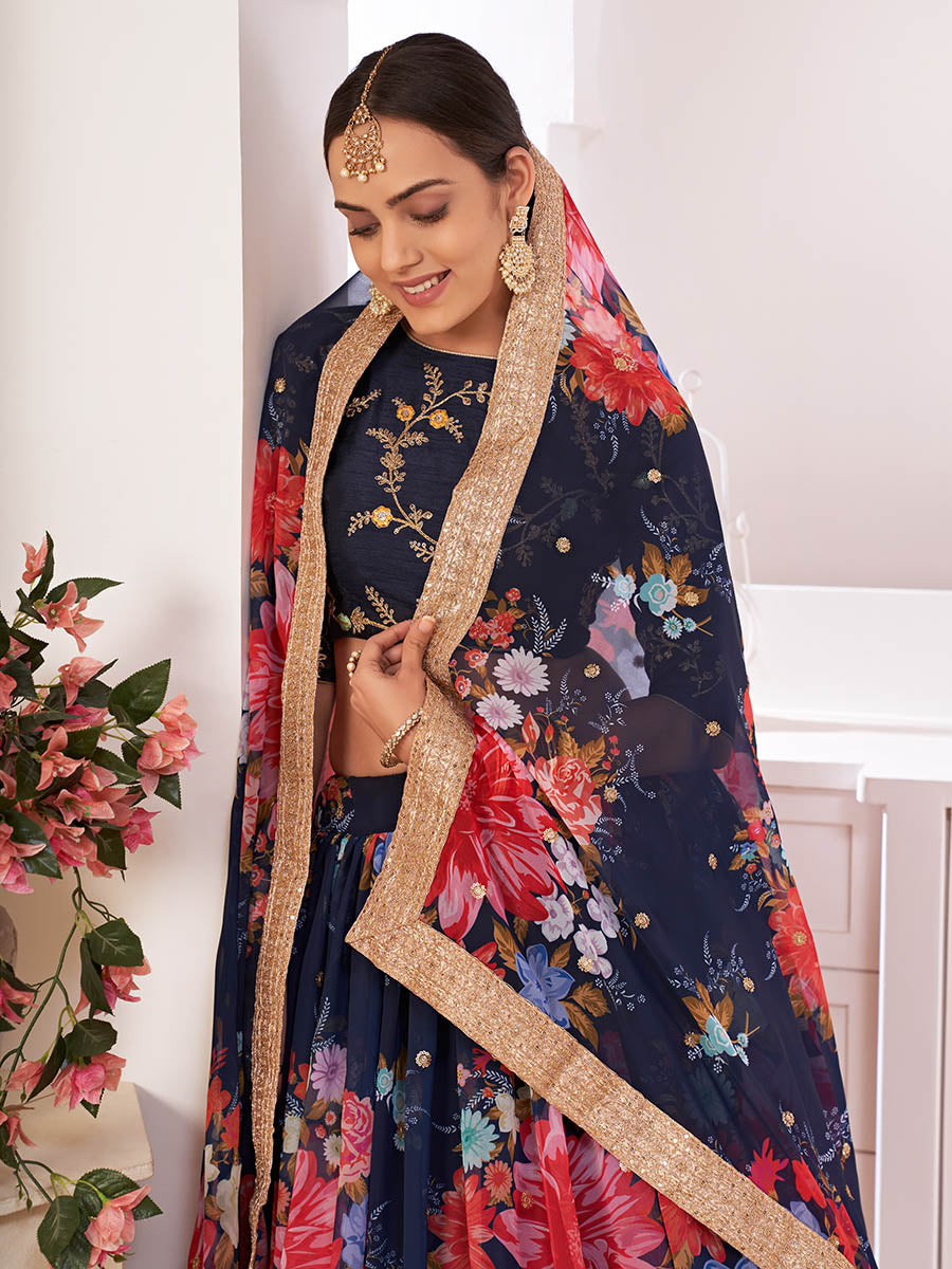 Myra Navy-Blue Digital Printed Georgette Lehanga | Grocsy