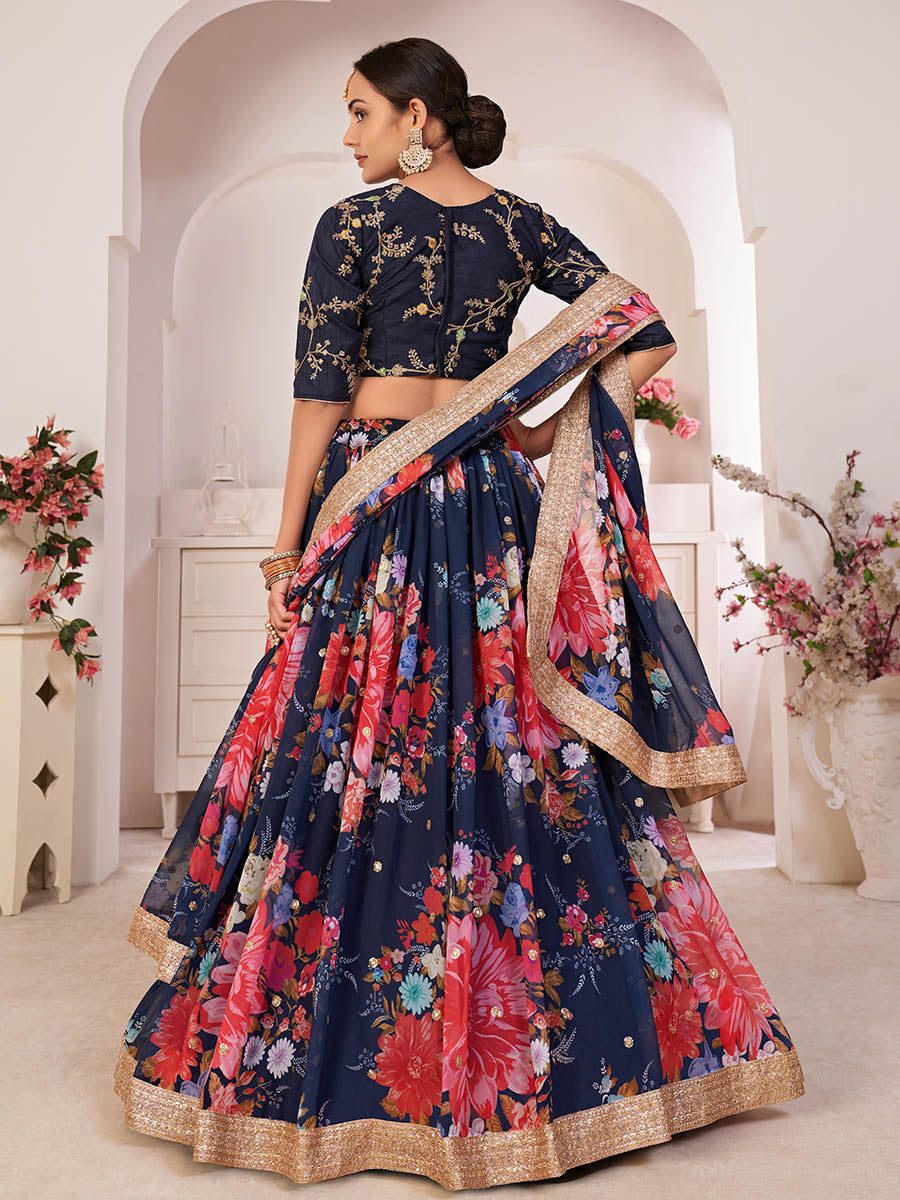 Myra Navy-Blue Digital Printed Georgette Lehanga | Grocsy