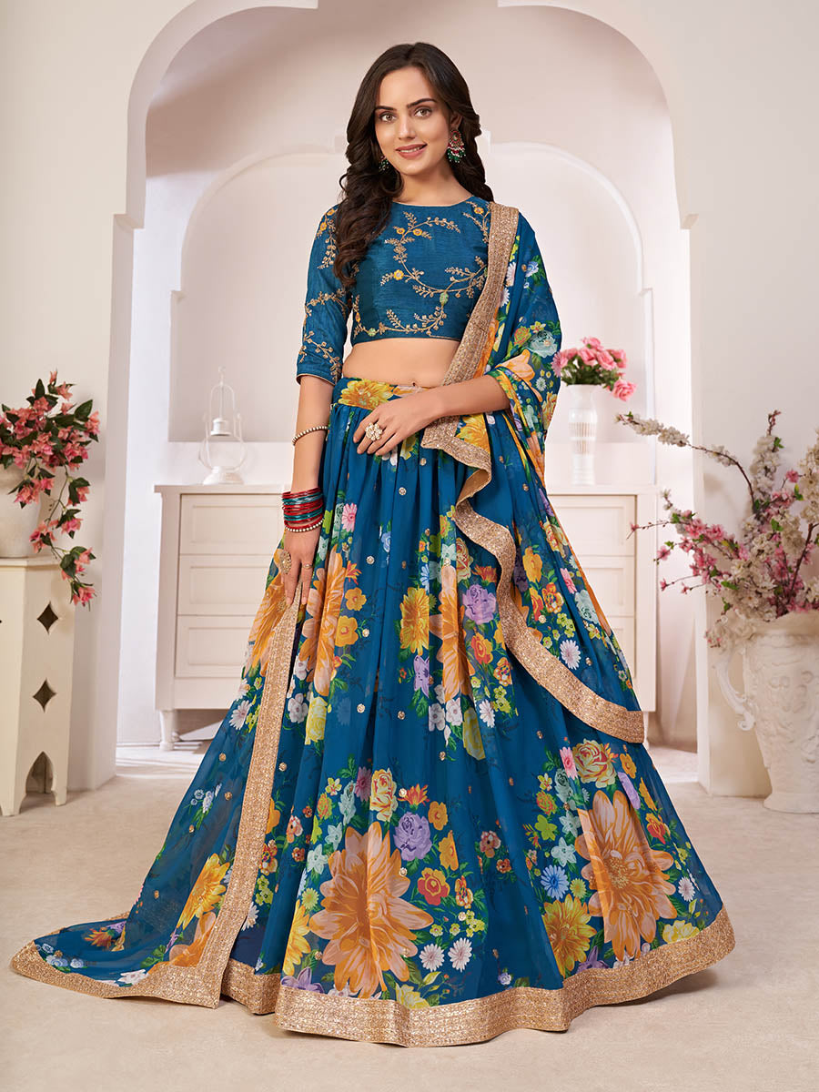 Myra Rama-Blue Digital Printed Georgette Lehanga | Grocsy