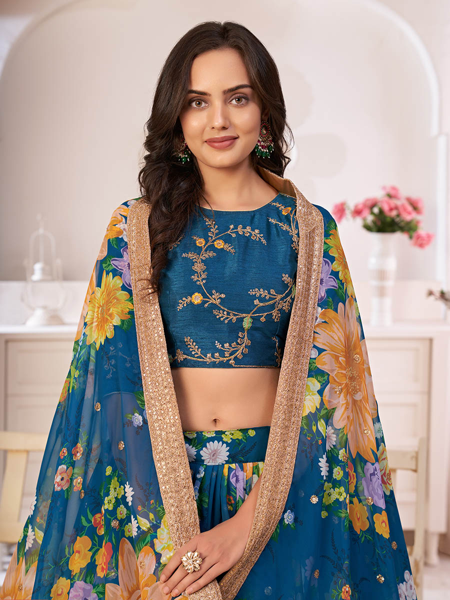 Myra Rama-Blue Digital Printed Georgette Lehanga | Grocsy