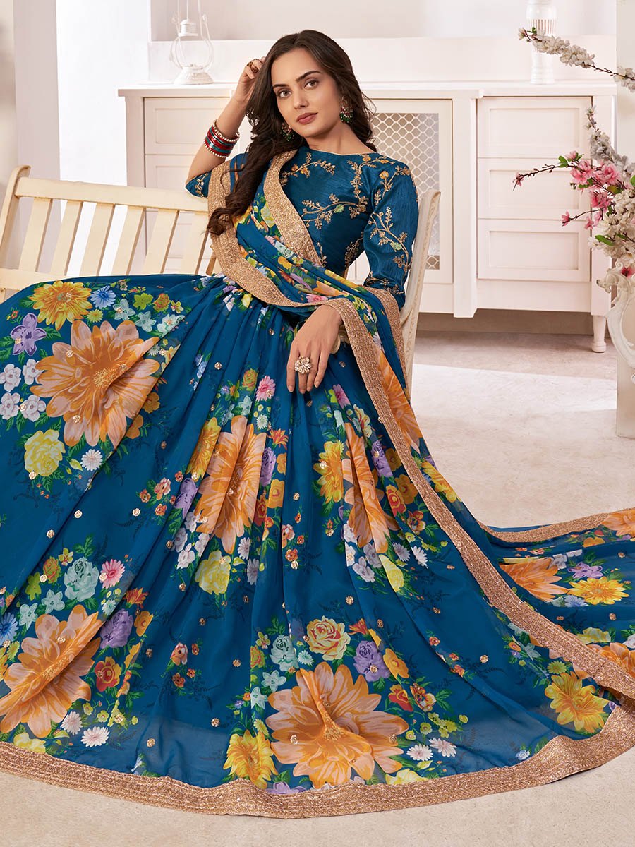 Myra Rama-Blue Digital Printed Georgette Lehanga | Grocsy