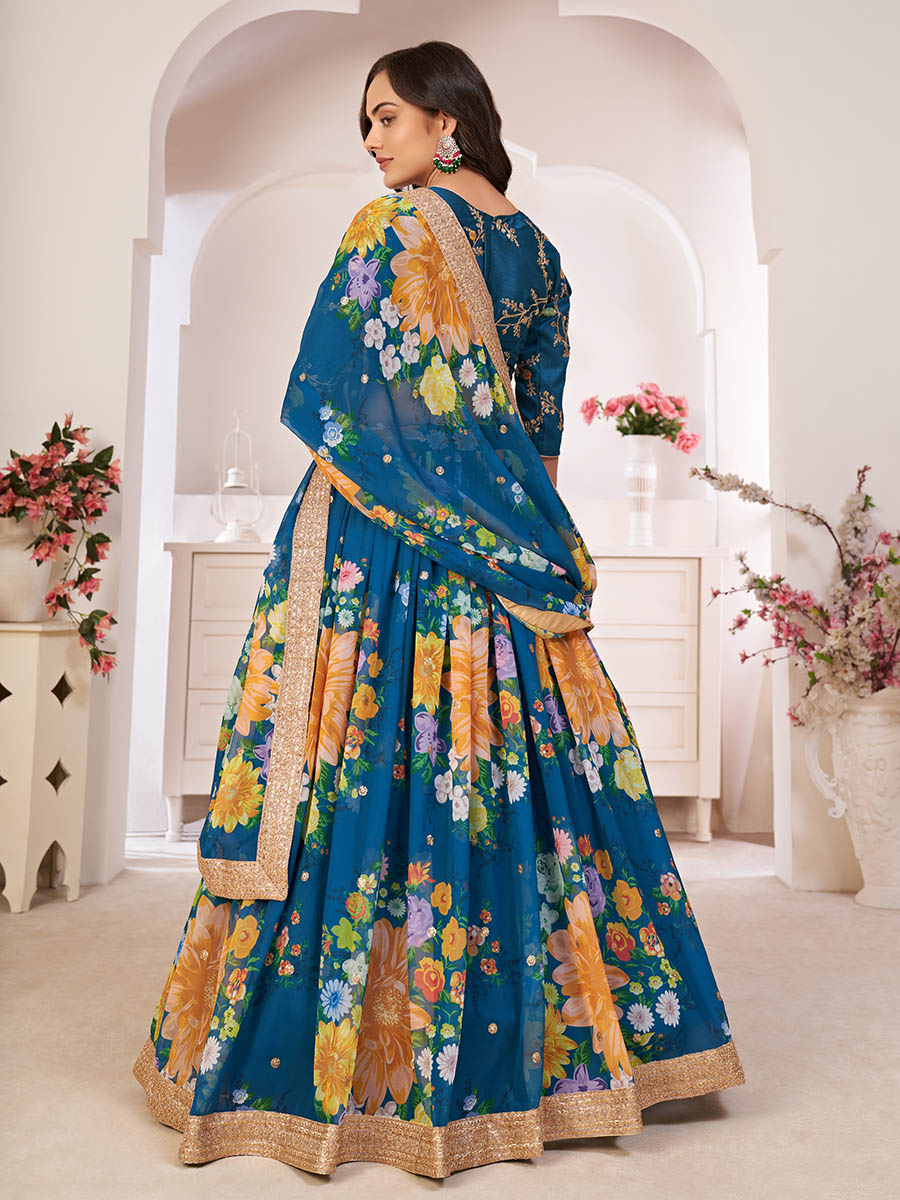 Myra Rama-Blue Digital Printed Georgette Lehanga | Grocsy