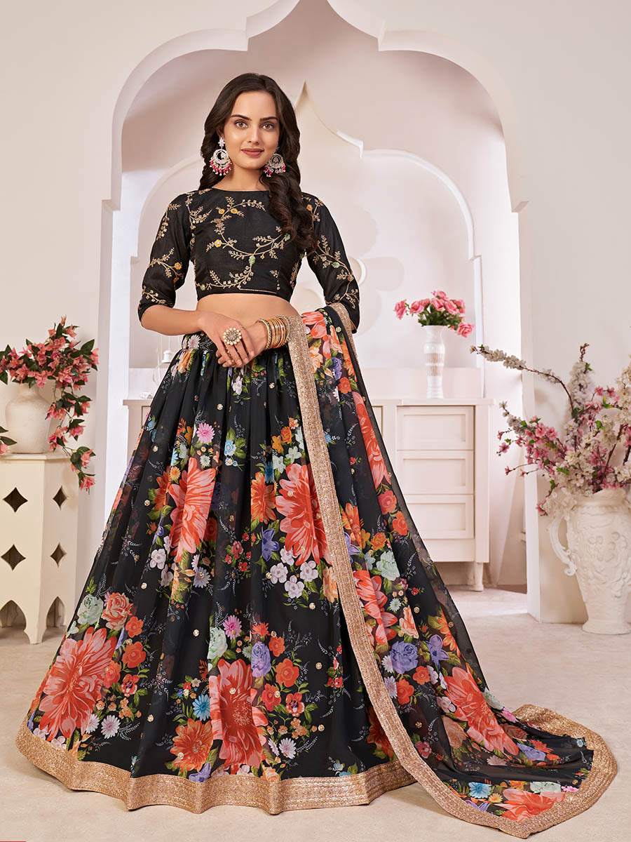 Myra Black Digital Printed Georgette Lehanga | Grocsy