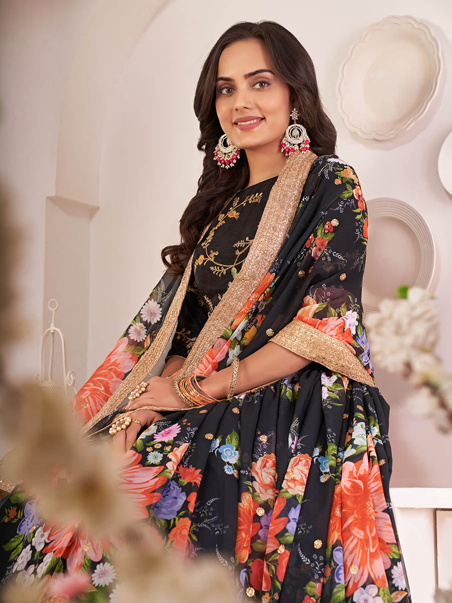 Myra Black Digital Printed Georgette Lehanga | Grocsy