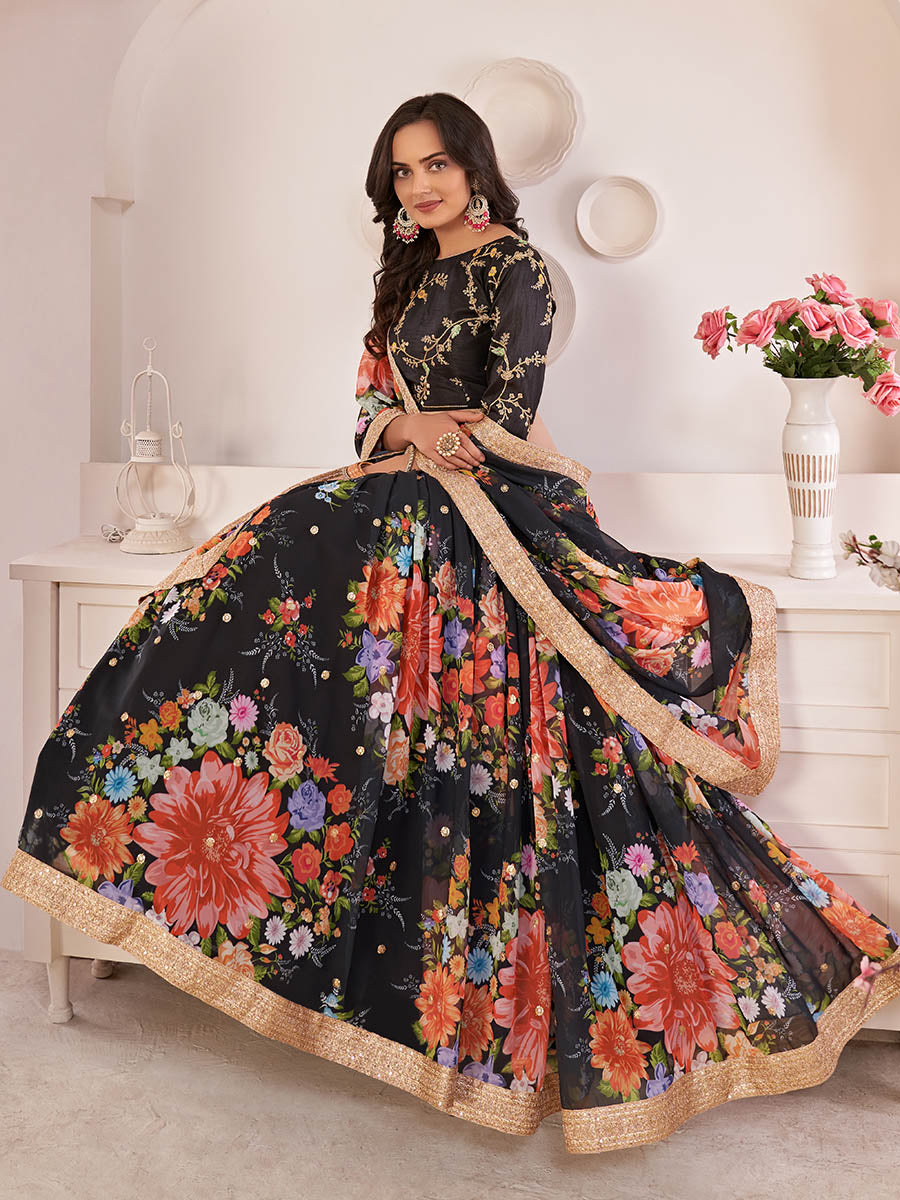 Myra Black Digital Printed Georgette Lehanga | Grocsy