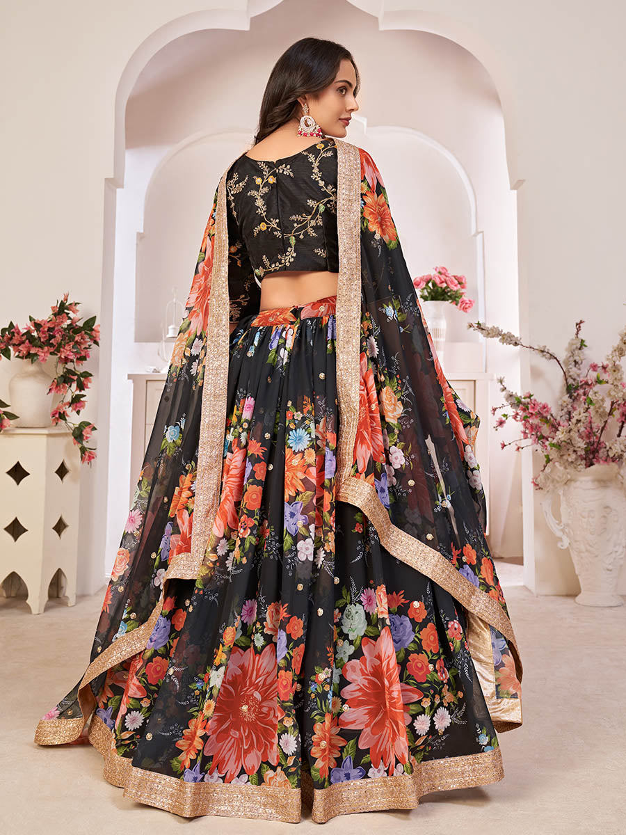 Myra Black Digital Printed Georgette Lehanga | Grocsy