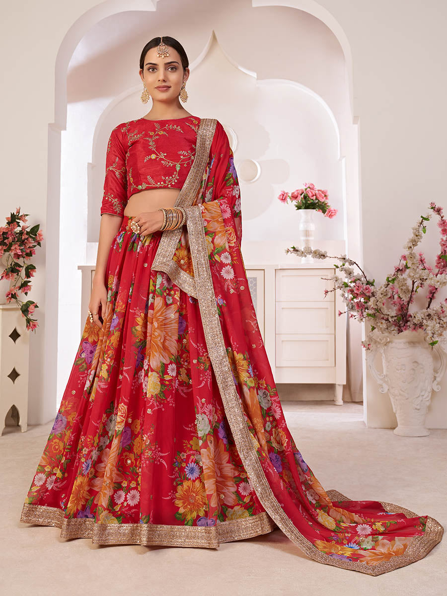 Myra Red Digital Printed Gorgette Lehanga | Grocsy
