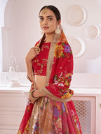 Myra Red Digital Printed Gorgette Lehanga | Grocsy