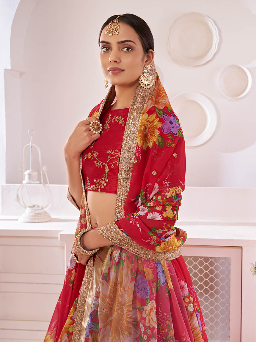 Myra Red Digital Printed Gorgette Lehanga | Grocsy