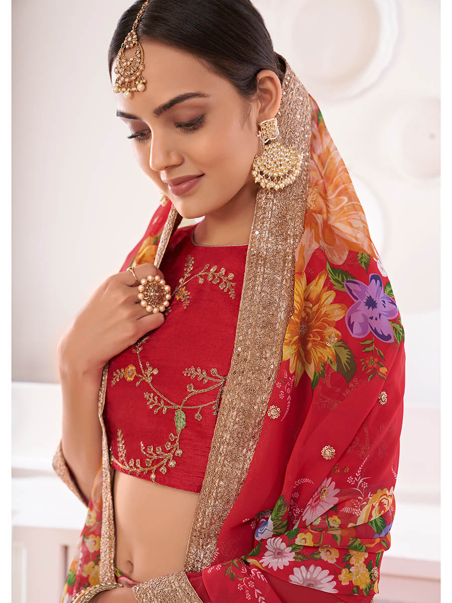 Myra Red Digital Printed Gorgette Lehanga | Grocsy