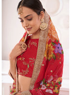 Myra Red Digital Printed Gorgette Lehanga | Grocsy