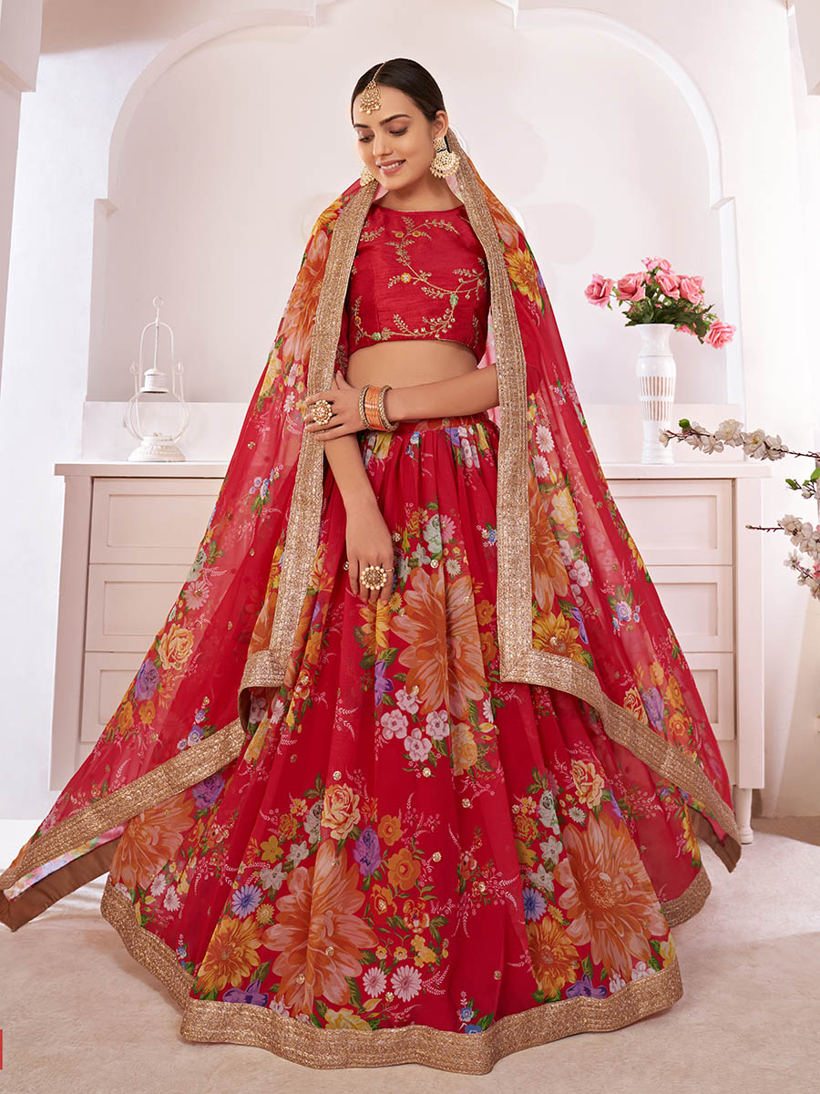 Myra Red Digital Printed Gorgette Lehanga | Grocsy