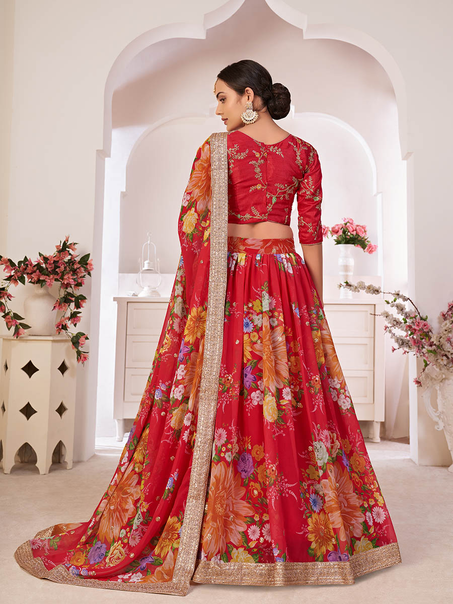 Myra Red Digital Printed Gorgette Lehanga | Grocsy