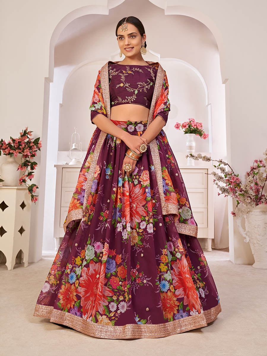 Myra Wine Digital Printed Georgette Lehanga | Grocsy