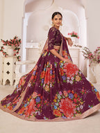 Myra Wine Digital Printed Georgette Lehanga | Grocsy