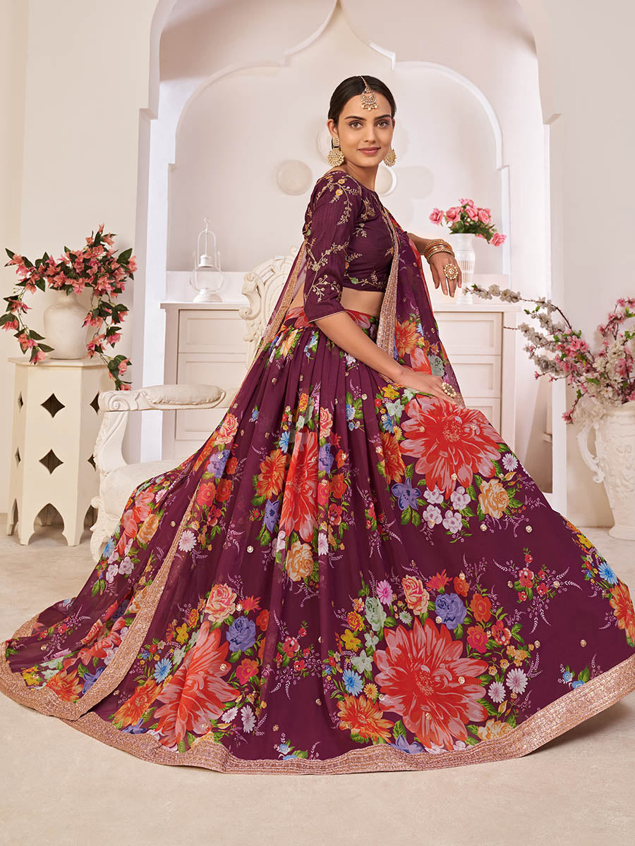 Myra Wine Digital Printed Georgette Lehanga | Grocsy