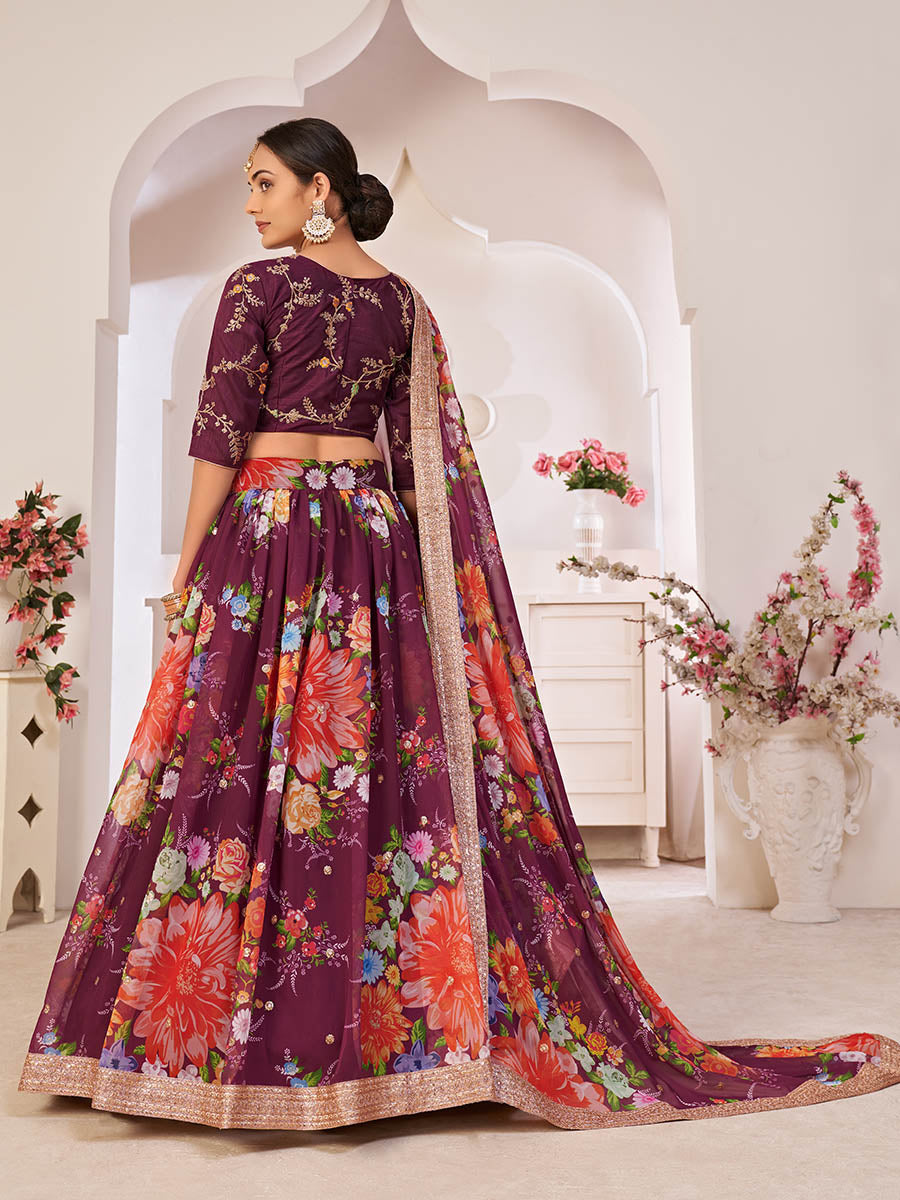 Myra Wine Digital Printed Georgette Lehanga | Grocsy