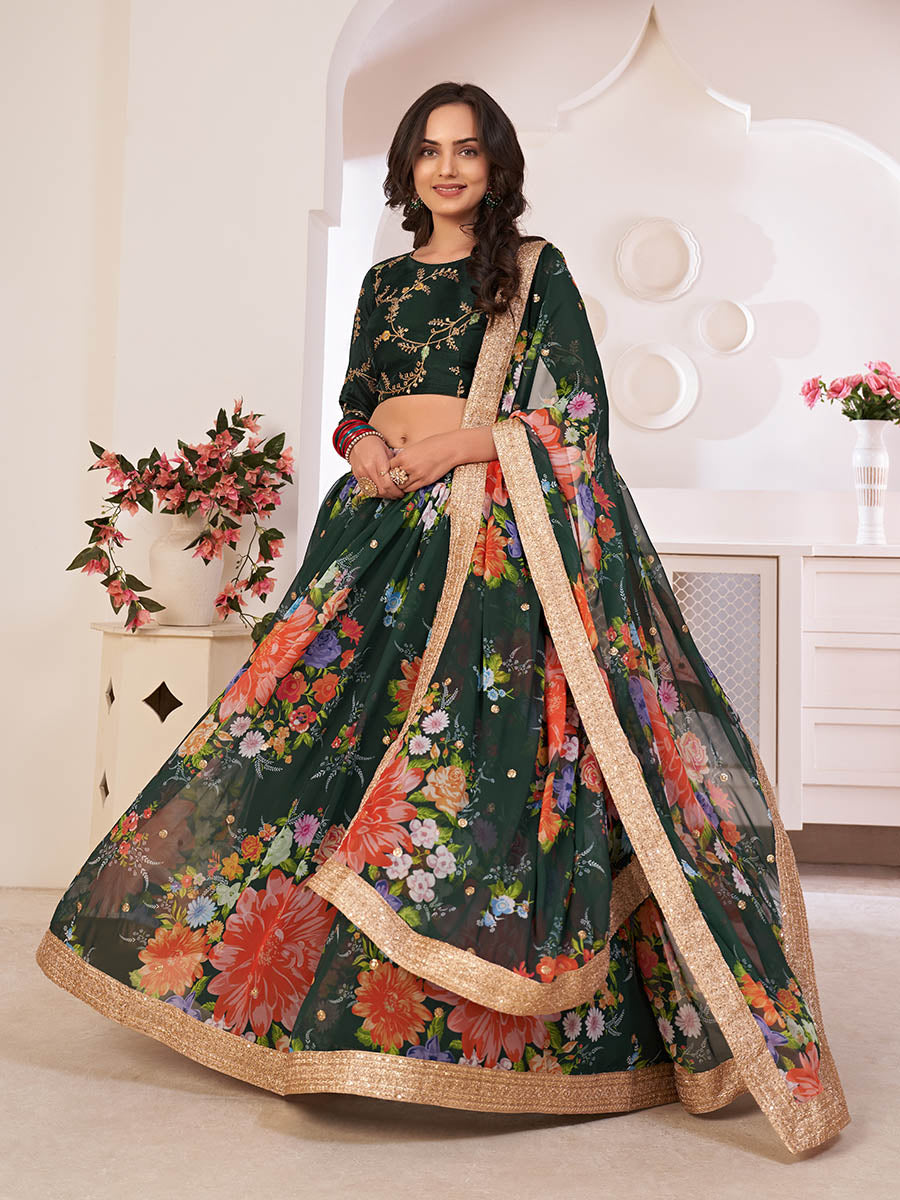 Myra Green Digital Printed Gorgette Lehanga | Grocsy