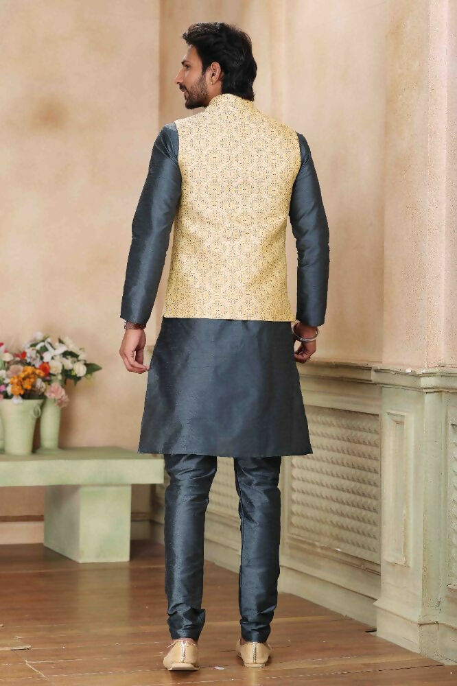 Raivat Ethnic Jacquard Banarasi Silk Woven Work 3 Pics Jacket Set In Beige Colour | Grocsy