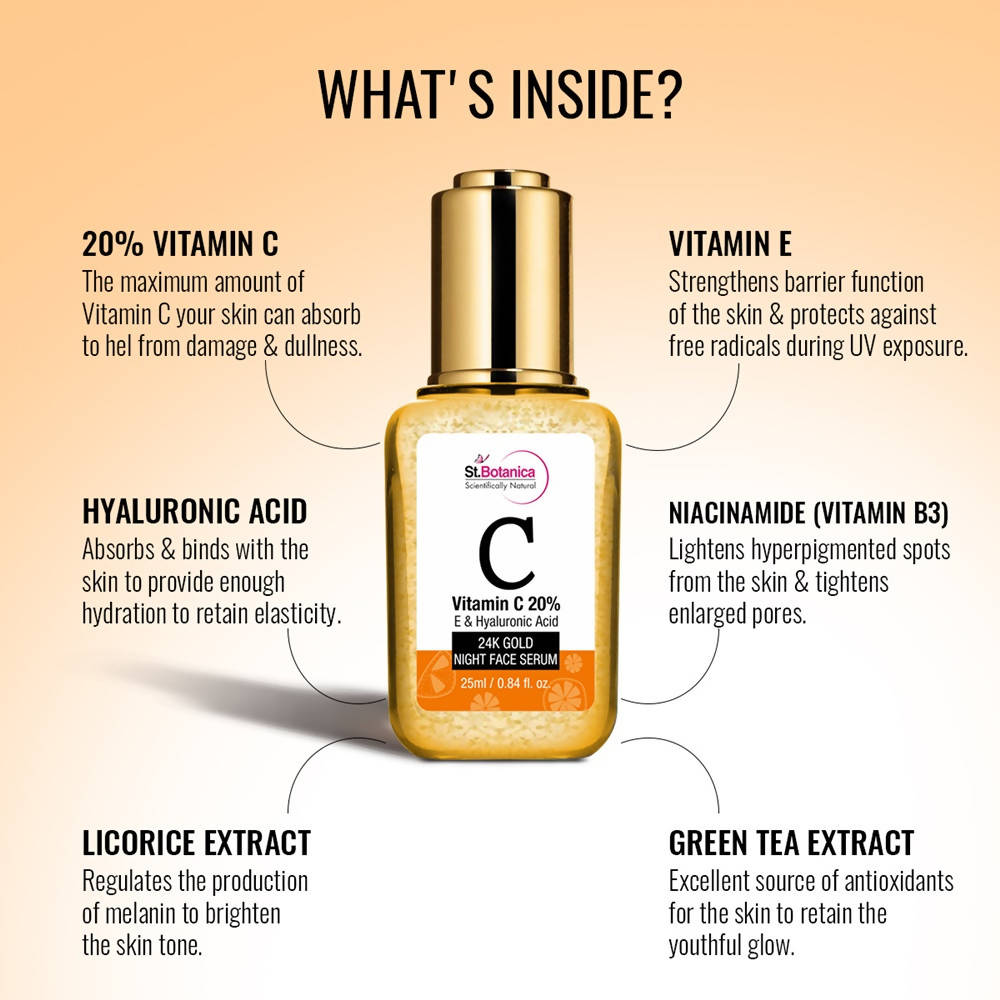 St.Botanica Vitamin C 20%, E & Hyaluronic Acid 24k Gold Night Face Serum | Grocsy