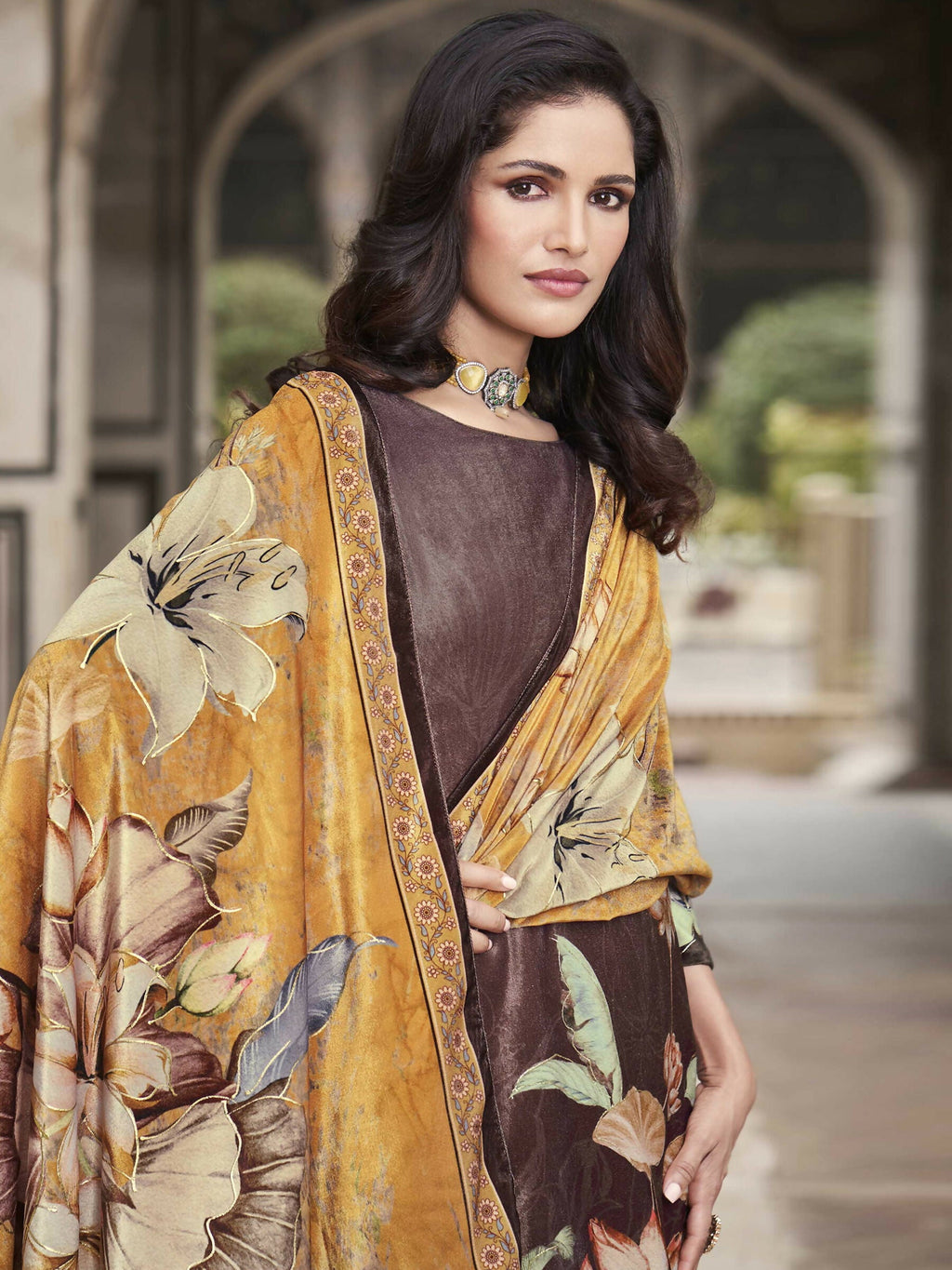 Jyoti Fashion Women's Brown Velvet Floral Digital Printed Kurta with Trouser & Dupatta | Grocsy