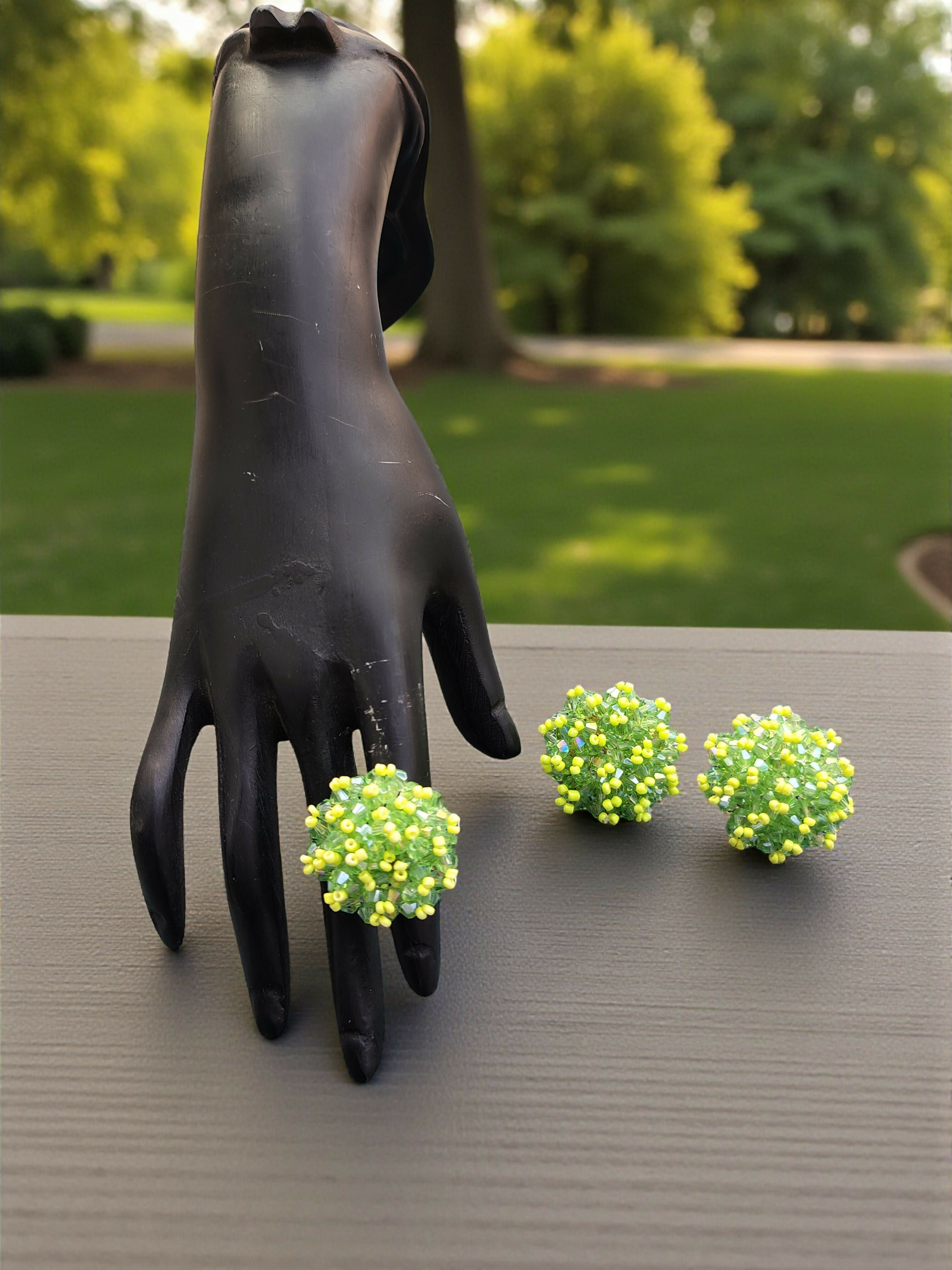 Inhanns Rangmani Crystal Duo – Adjustable Ring + Statement Earrings Set - Neon Green | Grocsy