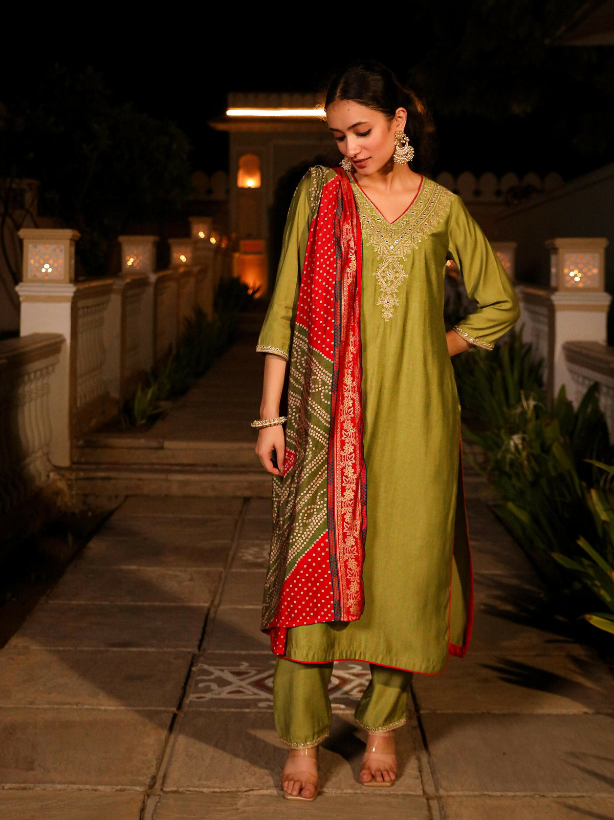 Juniper Women's The Swarn Green Zari Embroidered Viscose Kurta Pant And Dupatta With Mirror Work | Grocsy
