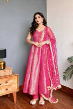 Lehenga Mart Designer Anarkali Suit With Kurta Bottom Dupatta For Women-Pink | Grocsy