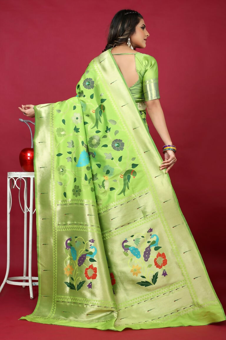 Jyoti Fashion Women's Parrot Green Paithani Silk Zari Woven Saree with Blouse | Grocsy